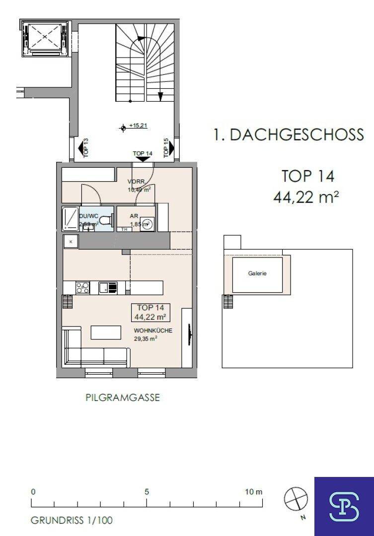 Grundriss des 1. Dachgeschosses mit 44,22 m² Wohnfläche, inklusive Wohnküche und Galerie.