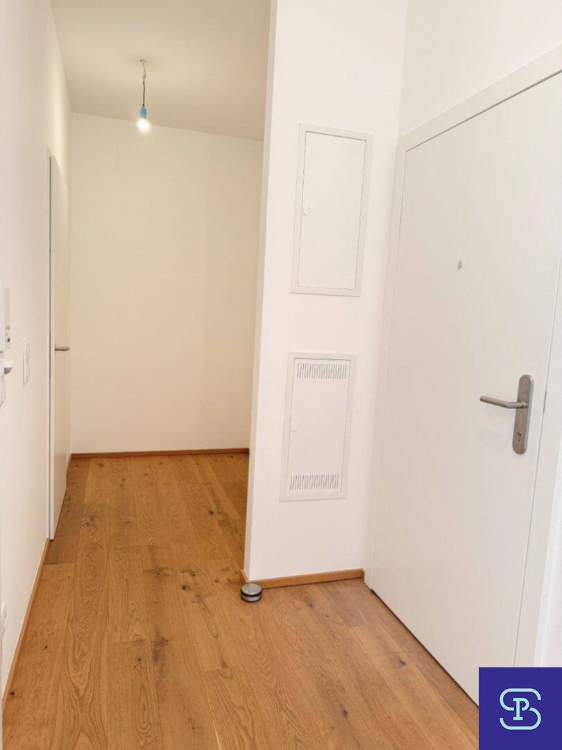 Heller Eingangsbereich mit Holzboden und weißer Tür, der zu weiteren Räumen führt.