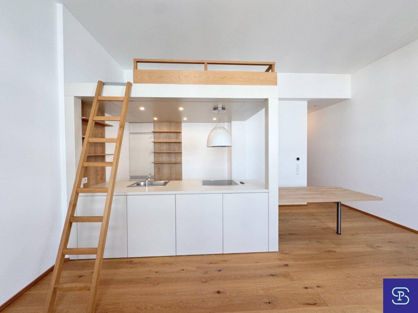 Kompakte Küchenzeile mit Kochfeld und Spüle, integriert in einen modernen Wohnraum mit Hochbettzugang.