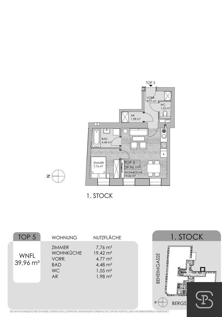 Grundriss der Wohnung Top 5 im ersten Stock mit Wohnküche und separatem WC.