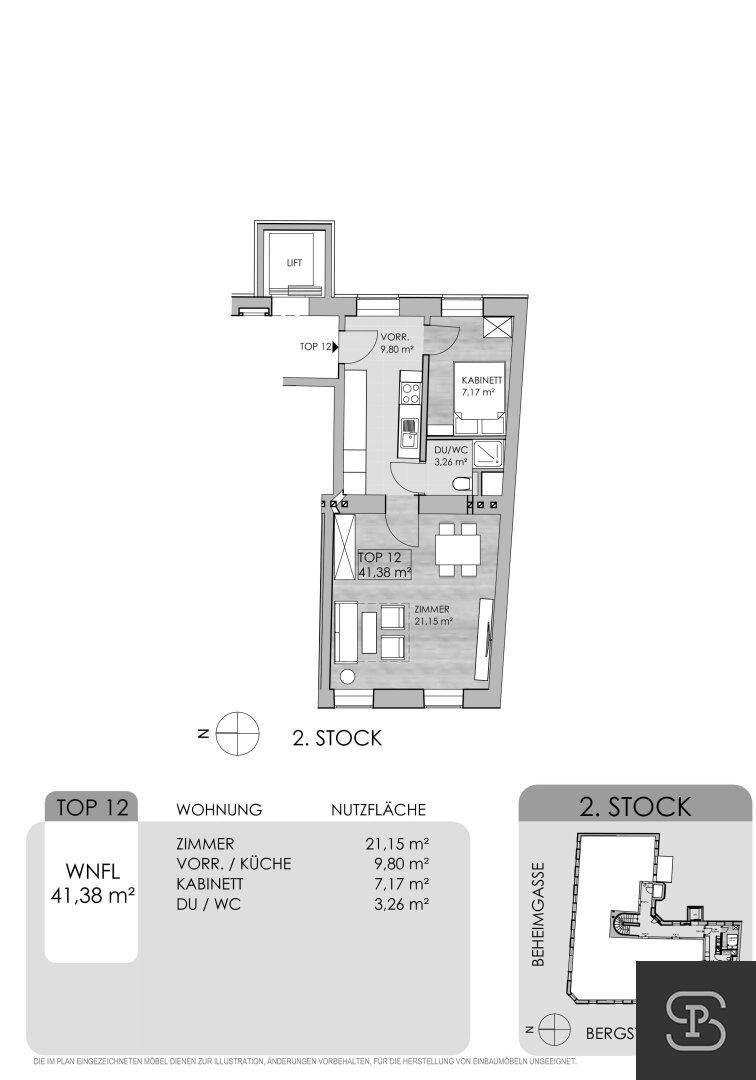 Grundriss der Wohnung TOP 12 im 2. Stock mit Zimmer, Vorraum/Küche, Kabinett und Dusch-WC.