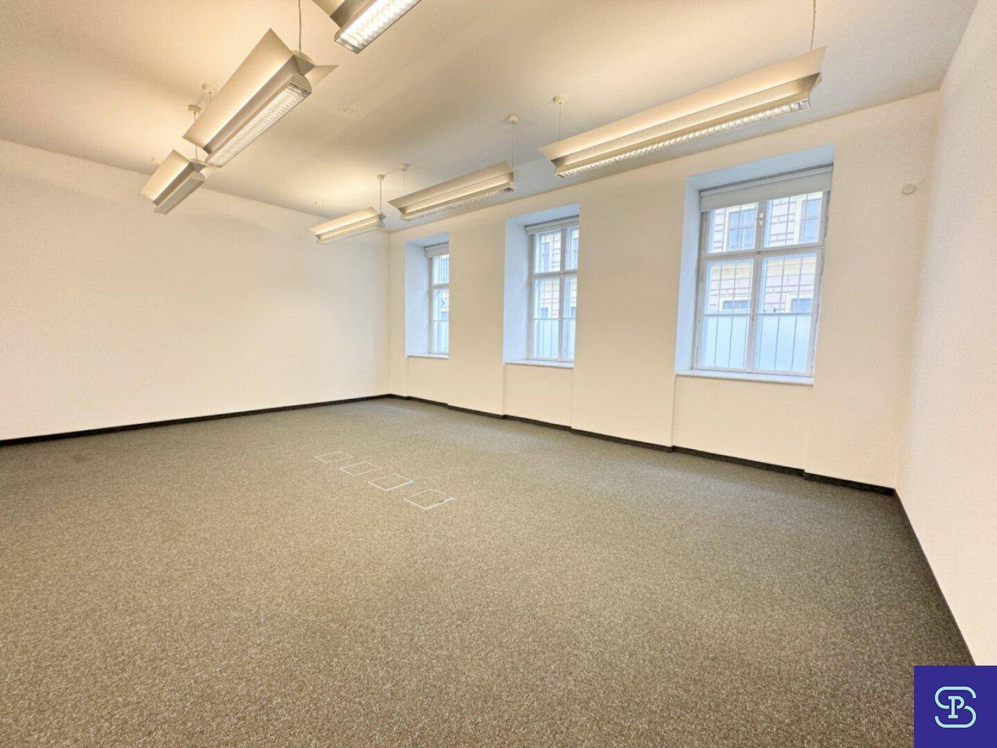 Großer, leerer Büroraum mit Teppichboden, weißen Wänden und mehreren Fenstern, die Tageslicht hereinlassen.
