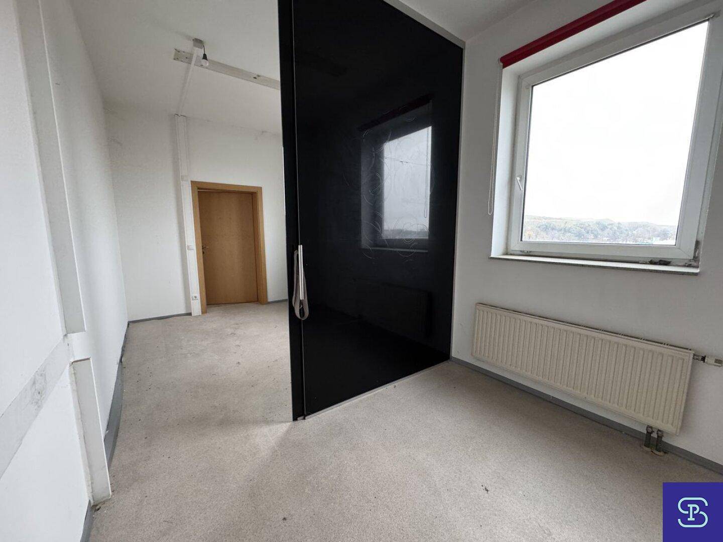 Heller Raum mit Teppichboden, Fenster und einer markanten schwarzen Glasschiebetür, ideal für ein modernes Büro.