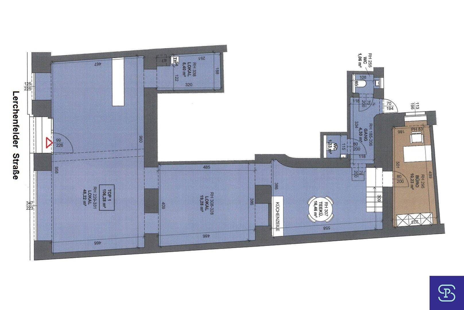Detaillierter Grundriss eines Gewerbeobjekts mit verschiedenen Lokalbereichen und Abmessungen.