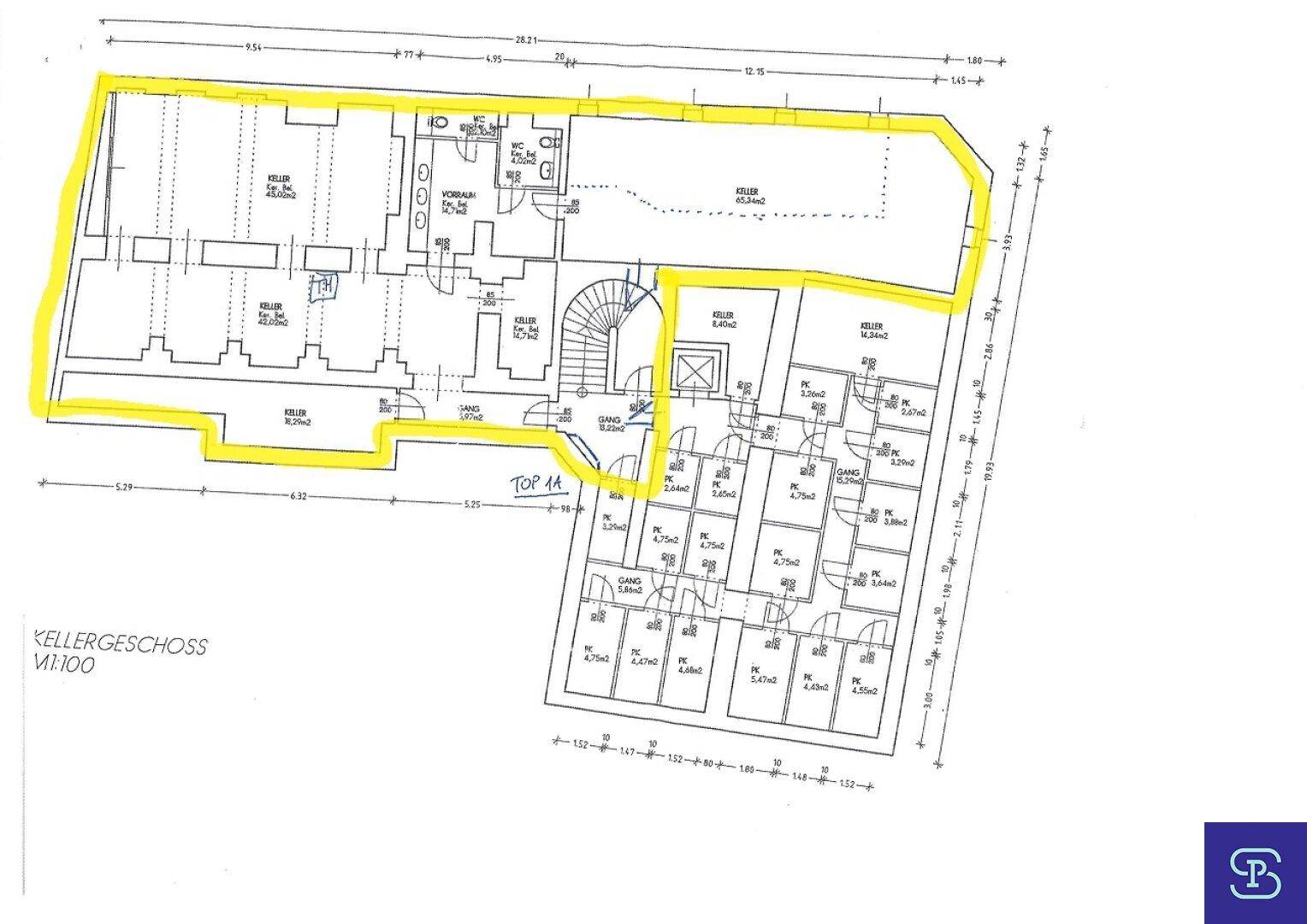 Grundriss des Kellergeschosses mit Lagerräumen und weiteren Einheiten, hervorgehobene Mietfläche in Gelb.