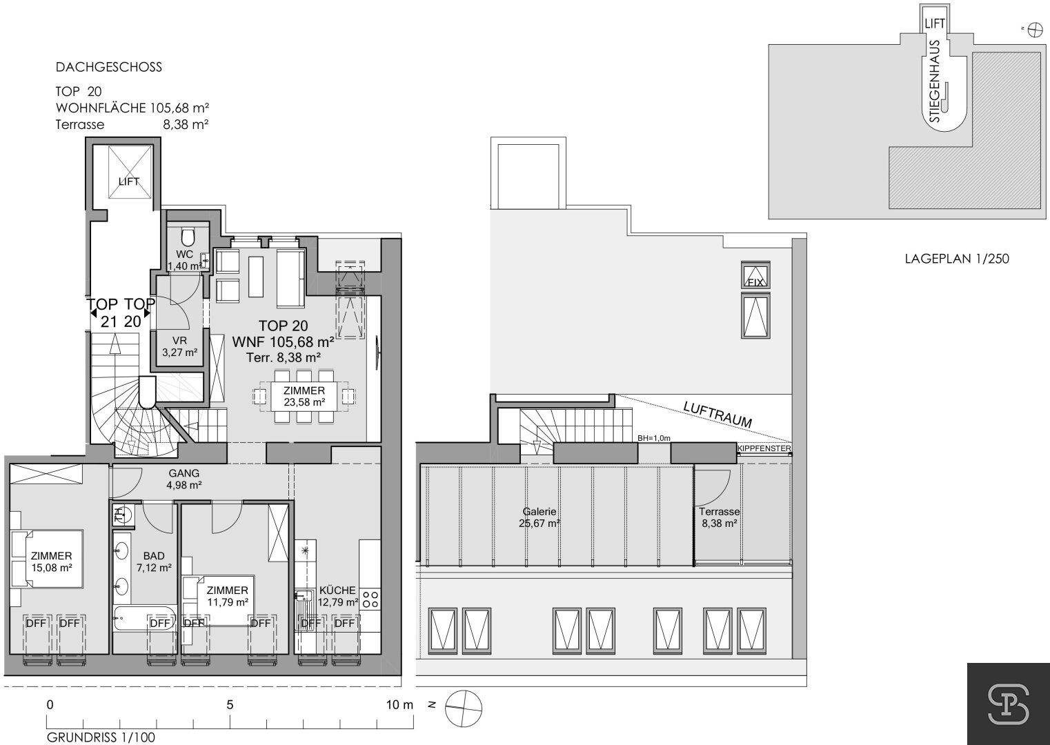 Detaillierter Grundriss des Dachgeschosses mit Wohnflächenangaben und Terrassenzugang.