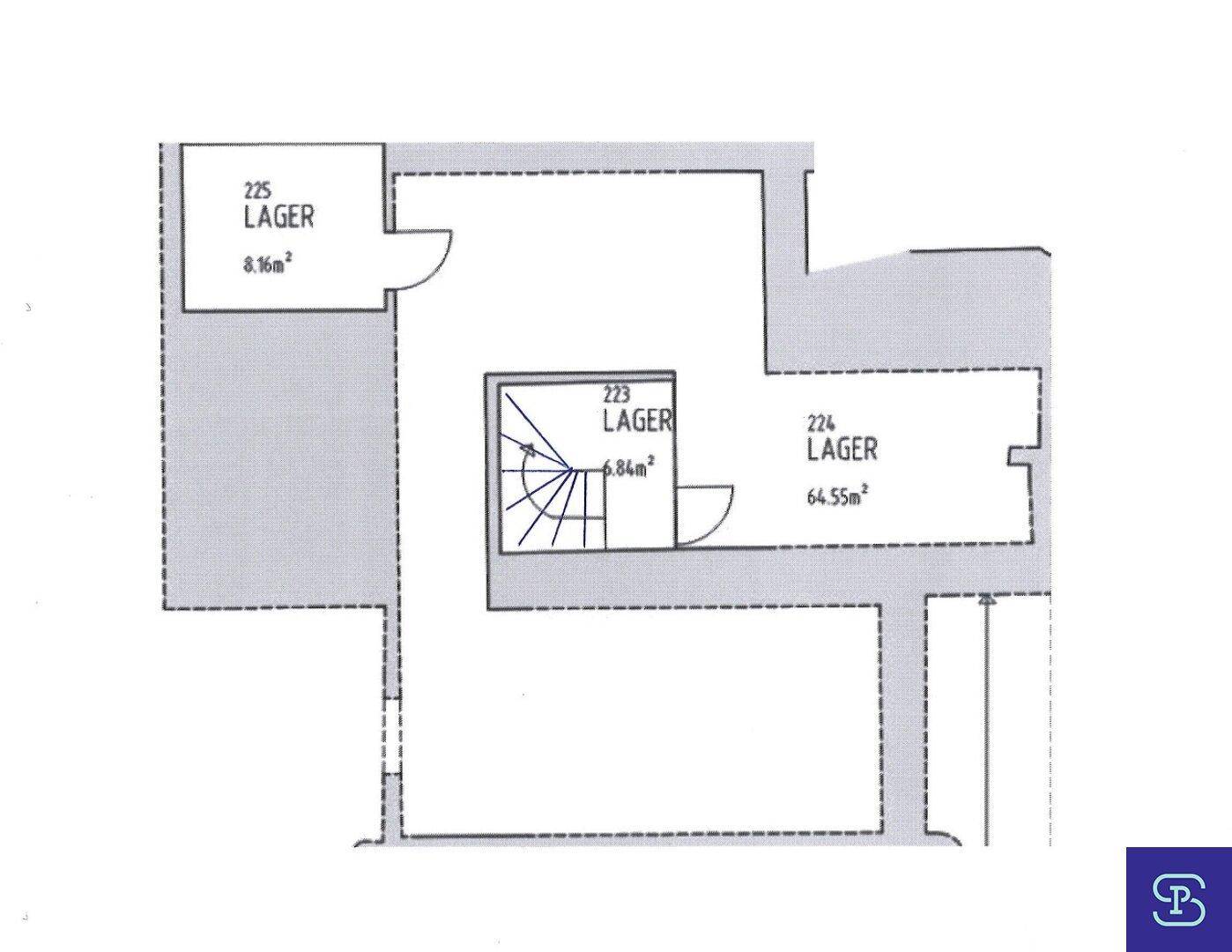 Grundrissplan zeigt drei Lagerräume mit Flächenangaben und Treppenhaus.