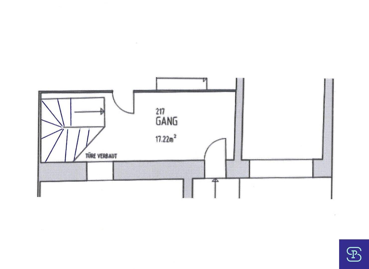 Grundrissplan zeigt einen Gangbereich mit Treppenhaus und Flächenangabe.
