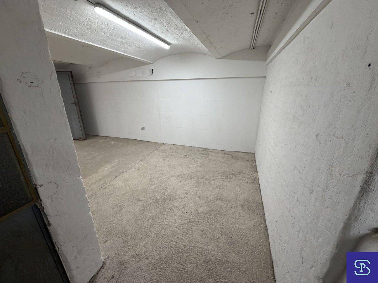 Kellerraum mit Betonboden und weiß gestrichenen Wänden, bietet viel Platz für verschiedene Nutzungen.