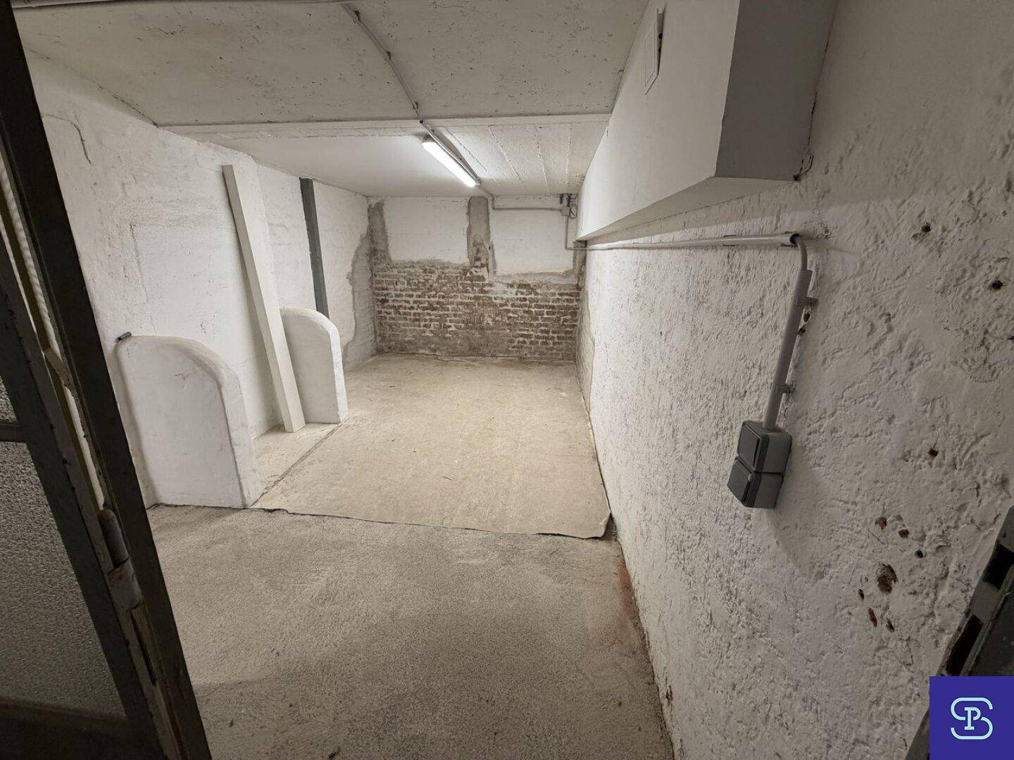 Kellerraum mit unverputzten Ziegelwänden und Betonboden, ideal für Lagerung oder Werkstatt.