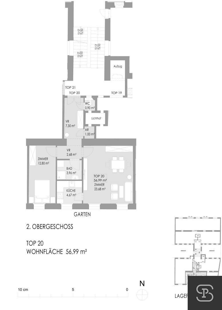 Grundriss der Wohnung im 2. Obergeschoss mit 56,99 m² Wohnfläche und Gartenblick.