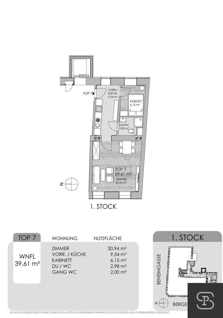 Grundriss der Wohnung TOP 7 im ersten Stock mit Küche, Bad und separatem WC.