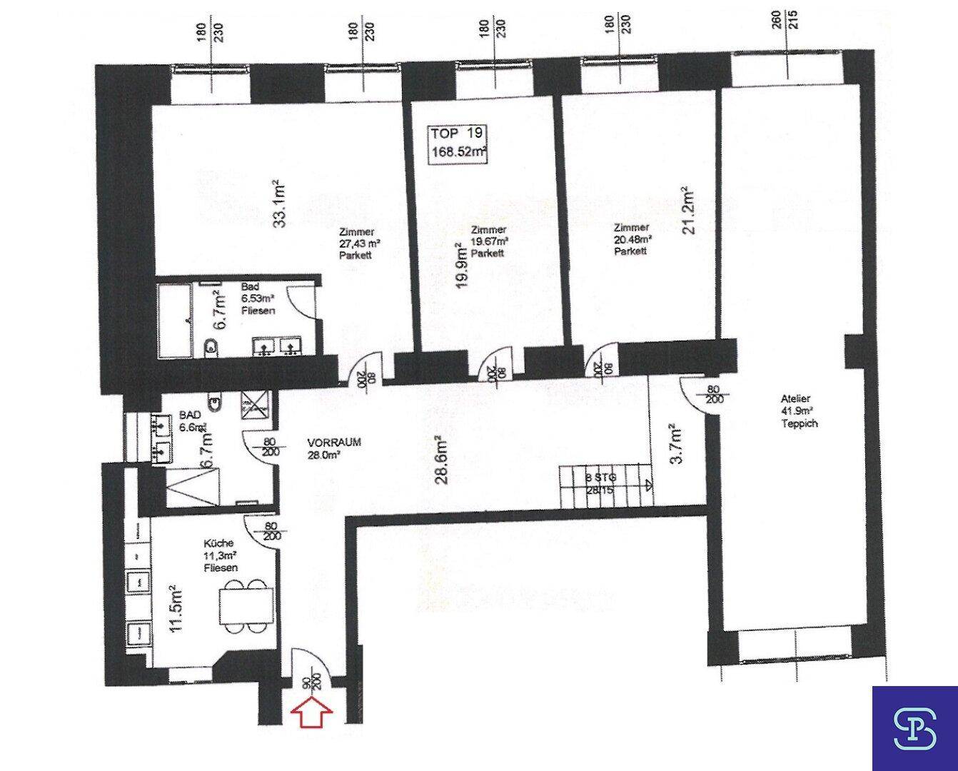 Detaillierter Grundriss der Wohnung mit Zimmergrößen und Raumaufteilung.