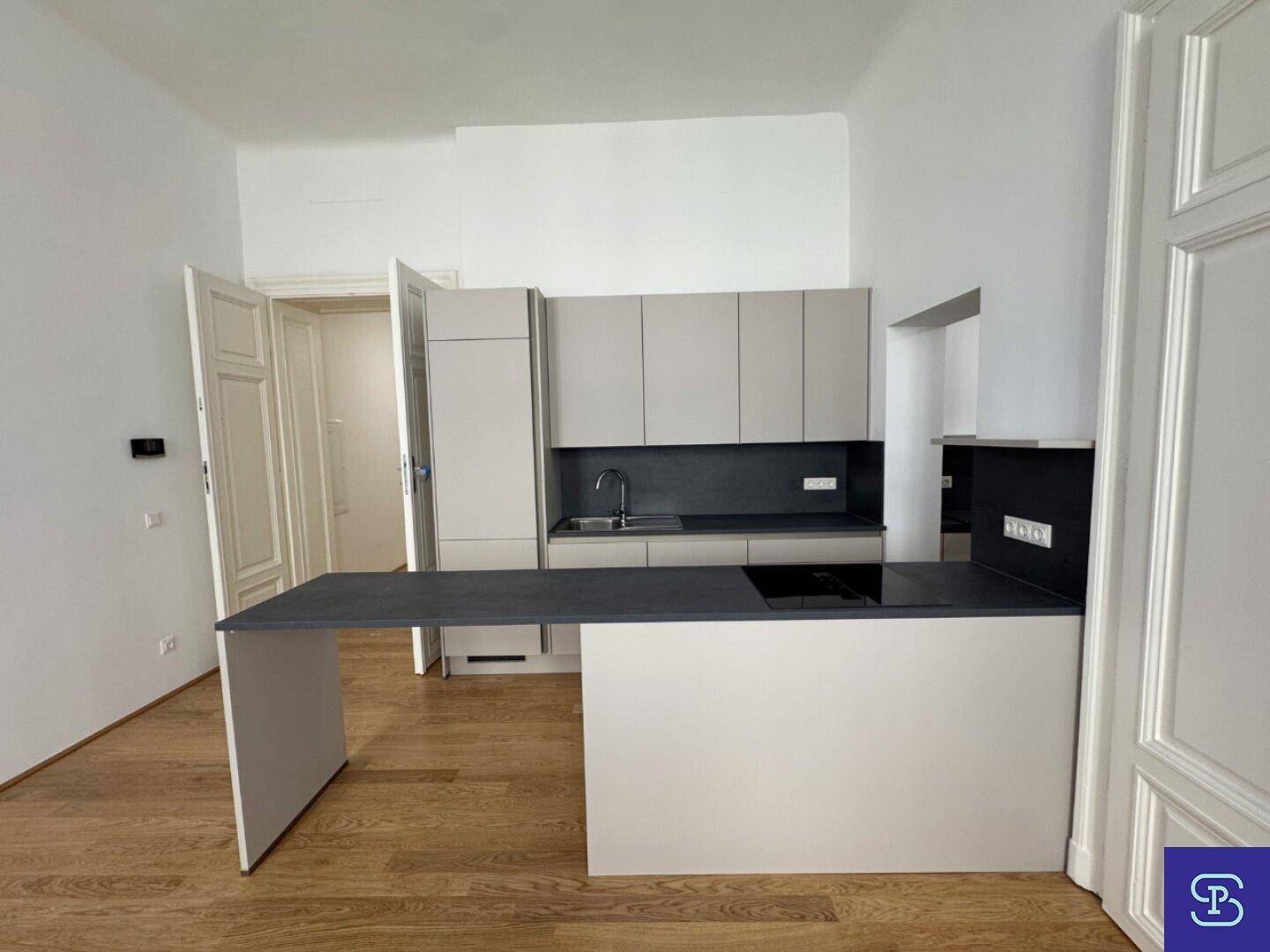 Detailansicht der modernen Küche mit Kochfeld und integriertem Kühlschrank, offener Grundriss.