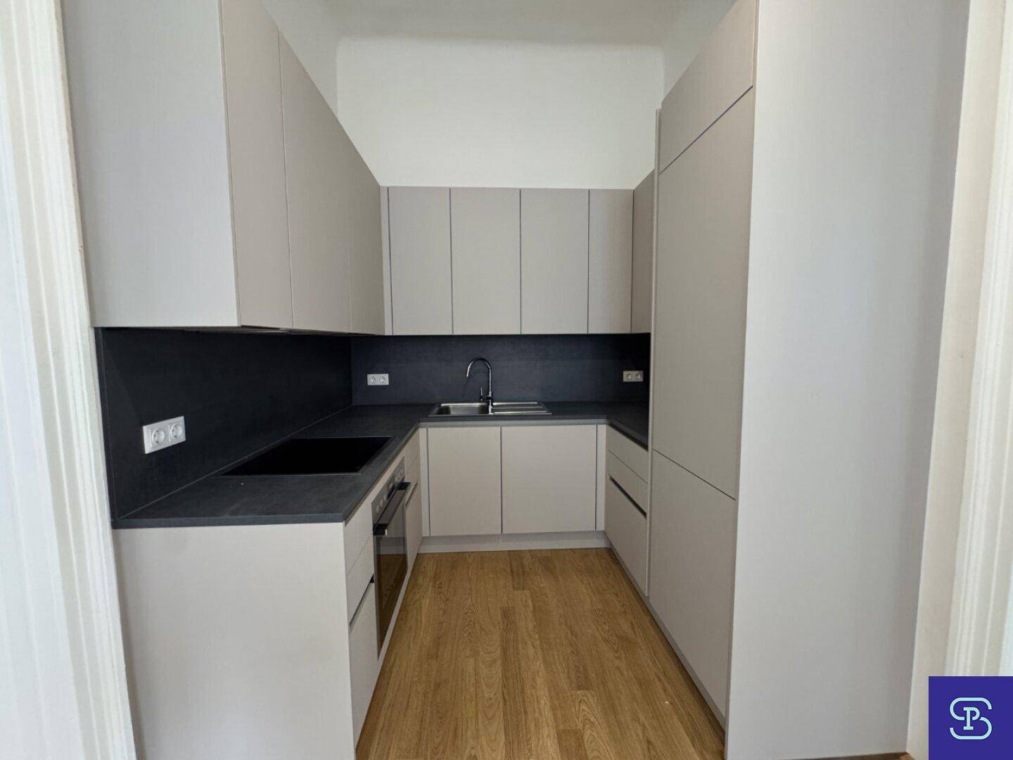 Moderne Küchenzeile mit grauen Schränken, dunkler Arbeitsplatte und integriertem Kochfeld.