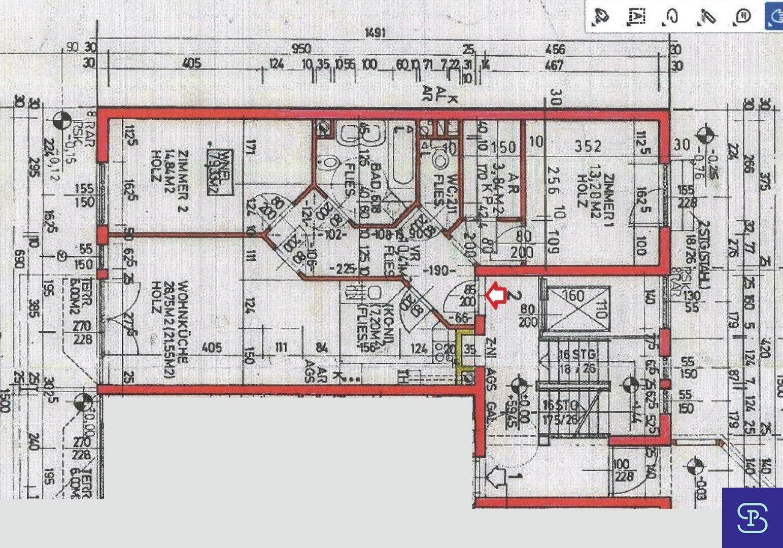 Detaillierter Grundrissplan der Wohnung mit Raumaufteilung und Maßen.