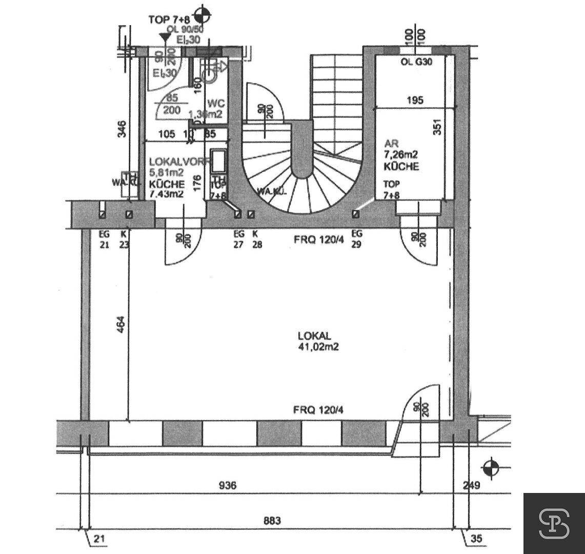 Grundriss des Ladenlokals mit Hauptbereich, Küche, WC und Treppenhaus, inklusive Flächenangaben.
