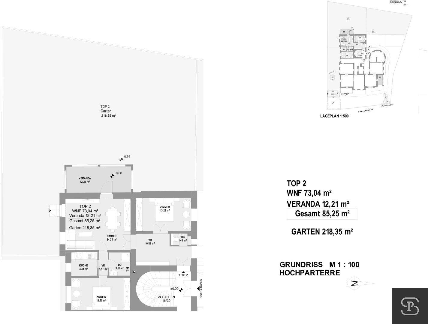 Grundriss der Wohnung Top 2 mit 73,04 m² Wohnfläche und 218,35 m² Gartenanteil.
