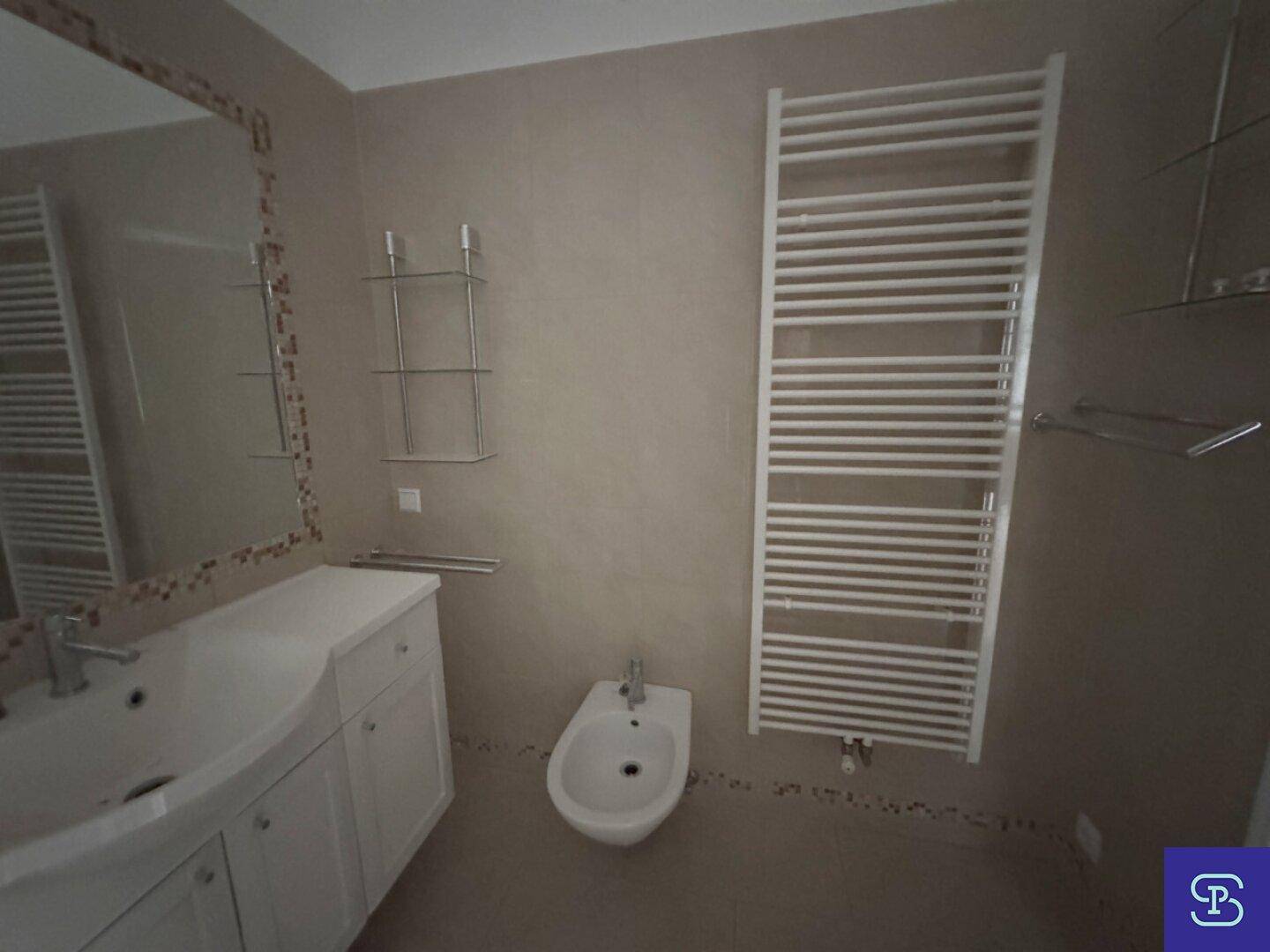 Modernes Badezimmer mit Einzelwaschbecken, Bidet und beheiztem Handtuchhalter.
