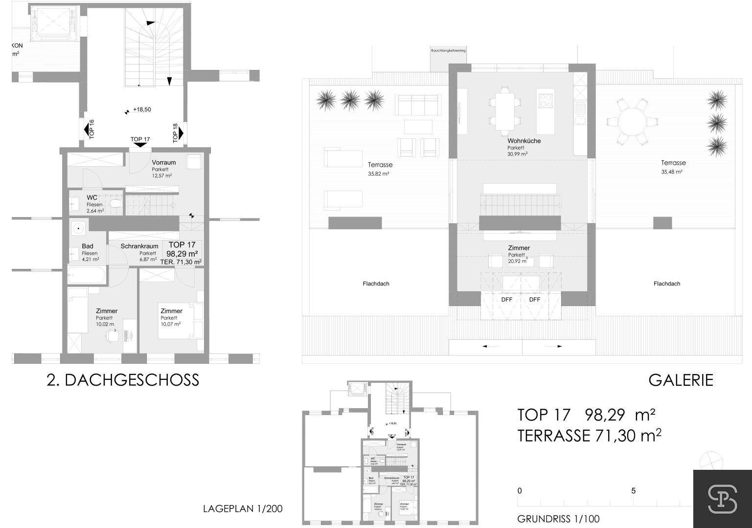 Detaillierter Grundriss zeigt Dachgeschoss mit Wohnküche, Zimmern und großer Terrasse.