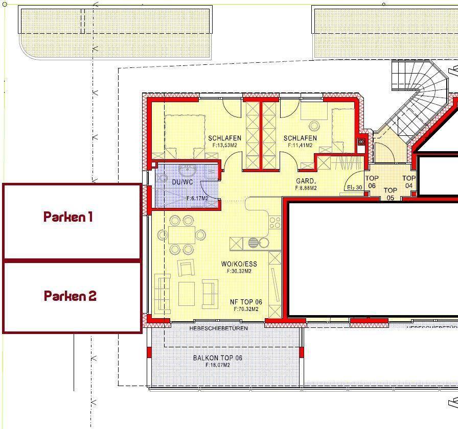 Grundriss einer Wohnung mit zwei Schlafzimmern, offenem Wohnbereich und Balkon.