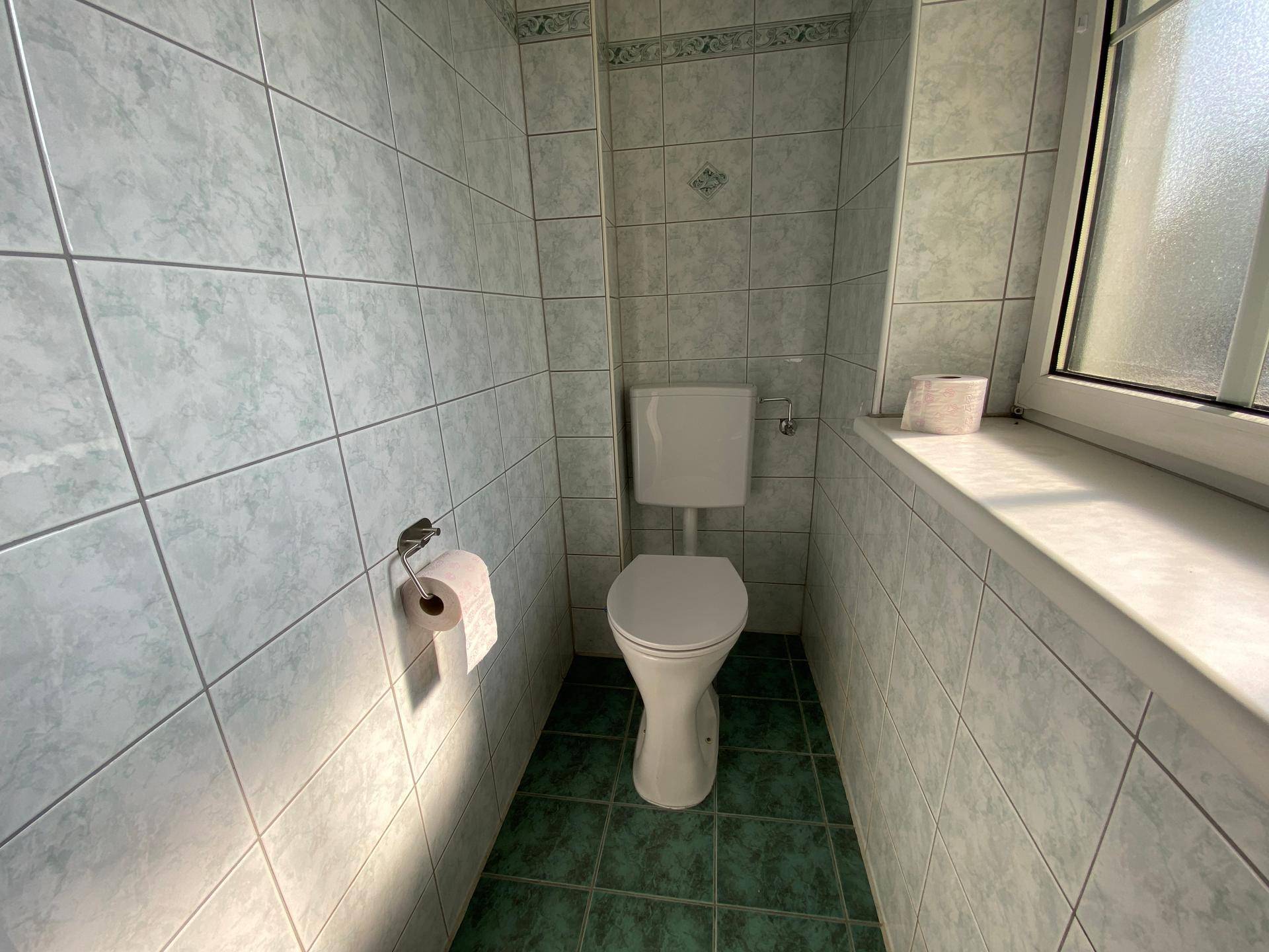 Kleines Gäste-WC mit hellgrünen Fliesen und einem Fenster.