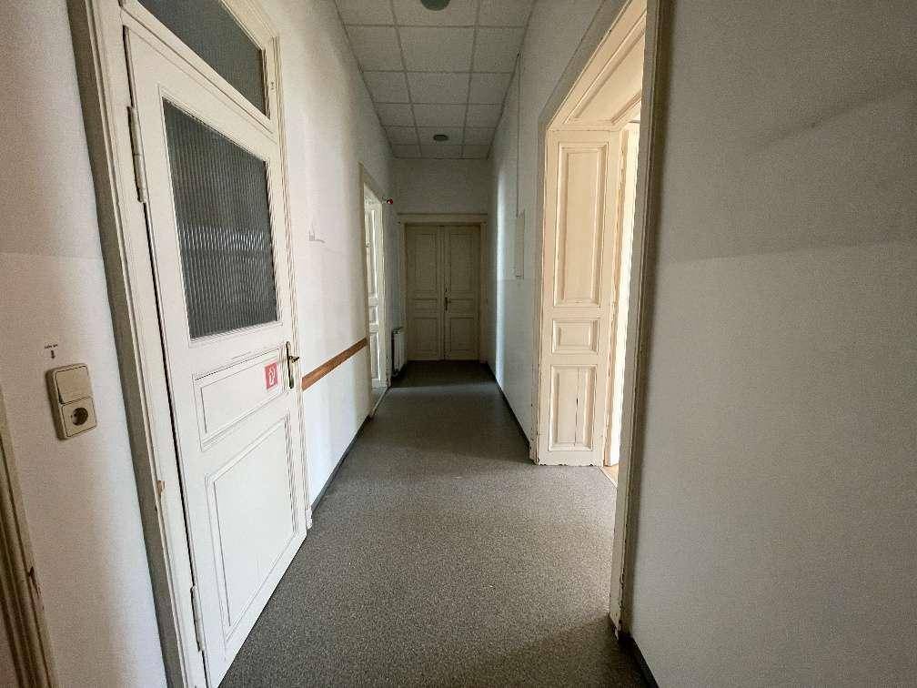 Langer Flur mit mehreren Türen und Teppichboden, der verschiedene Räume miteinander verbindet.