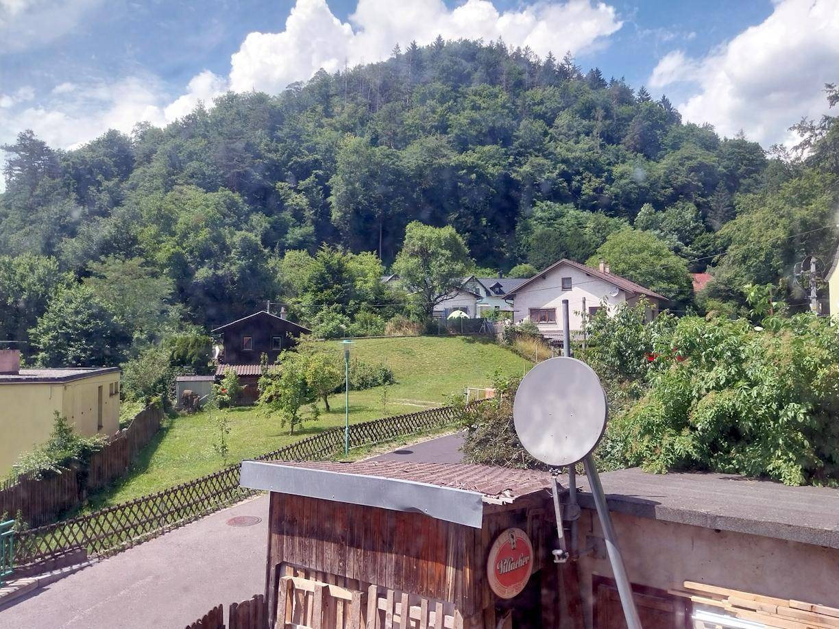 Blick auf einen bewaldeten Hügel und benachbarte Häuser in einer grünen, ländlichen Umgebung.