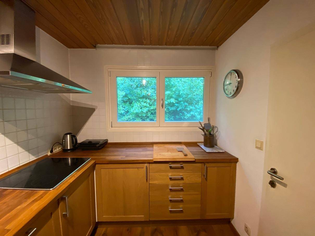 Funktionale Küche mit Holzschränken, Arbeitsplatte und Induktionskochfeld, mit Blick ins Grüne.