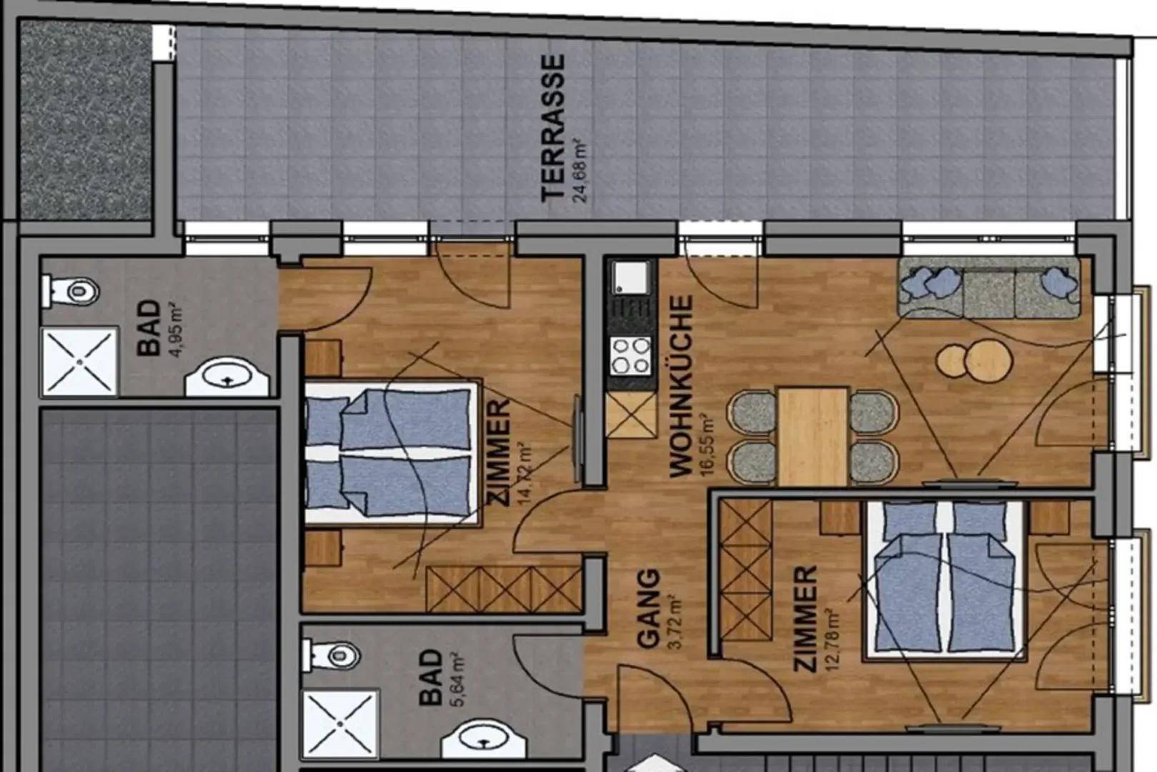 Grundriss mit zwei Schlafzimmern, offener Wohnküche und einer großen Terrasse von 24,68 m².