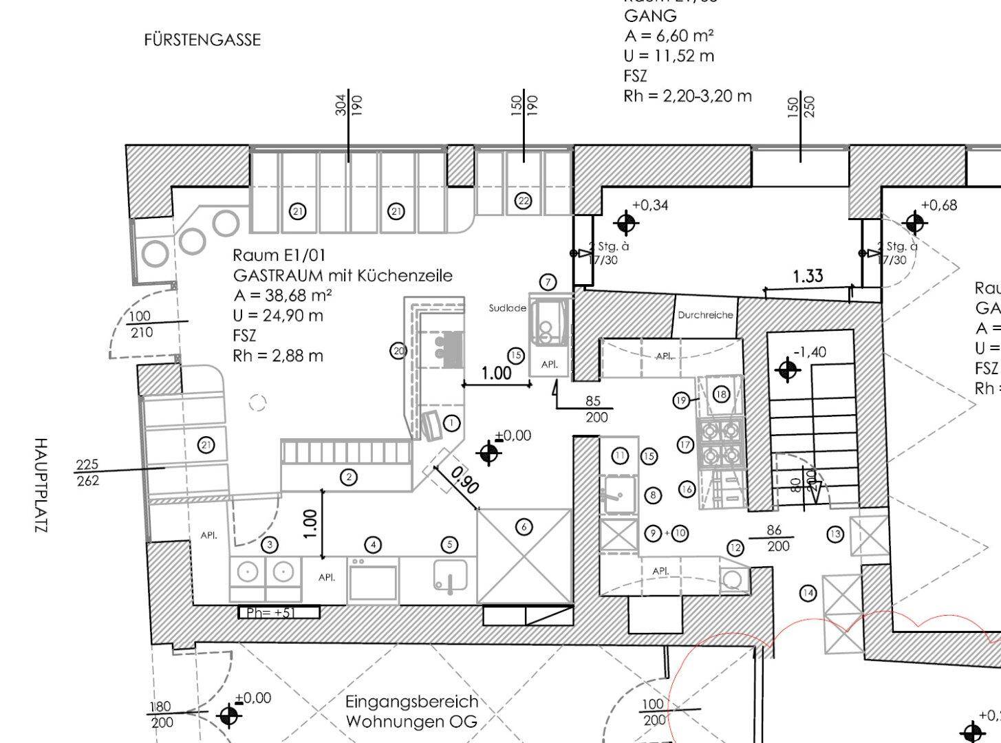 Ausschnitt eines Grundrisses mit einer Gastraumküche und angrenzenden Bereichen.