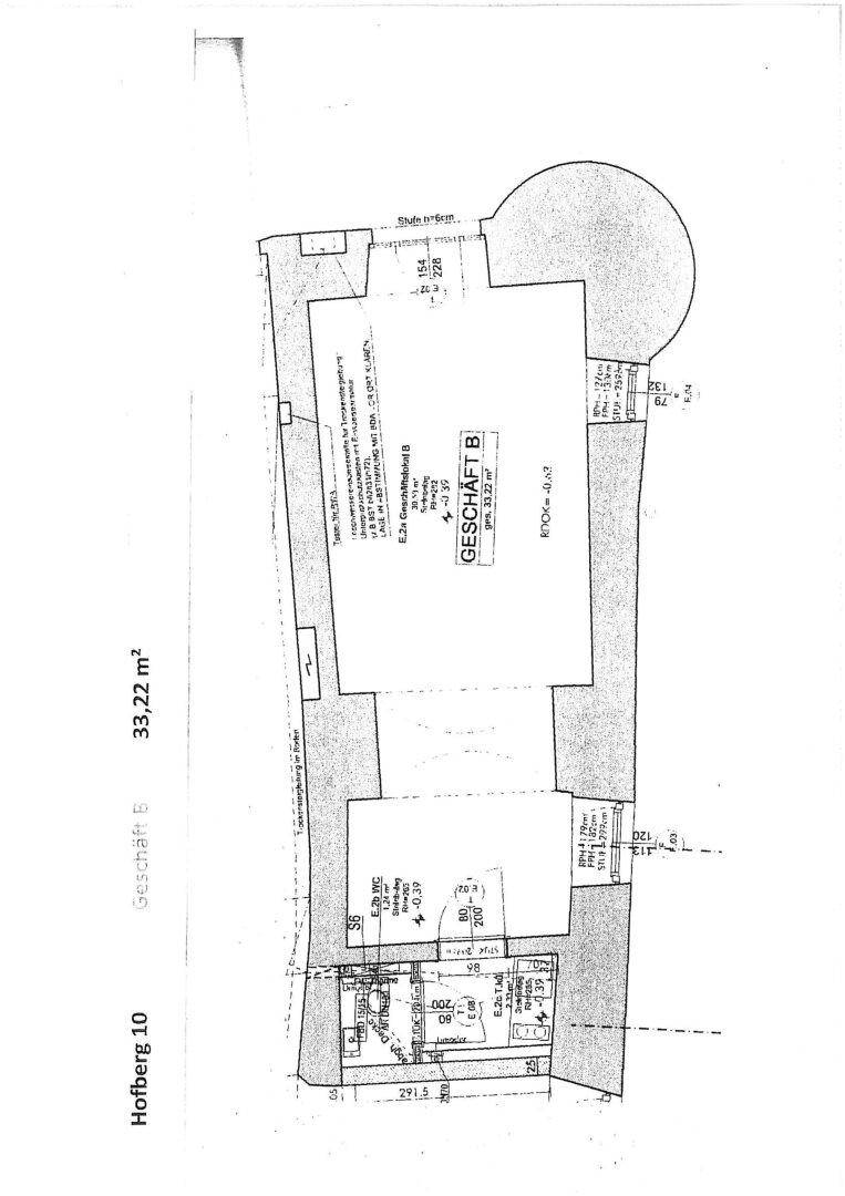 Grundriss eines Geschäftsraums mit einer Fläche von 33,22 m² und angrenzenden Bereichen.