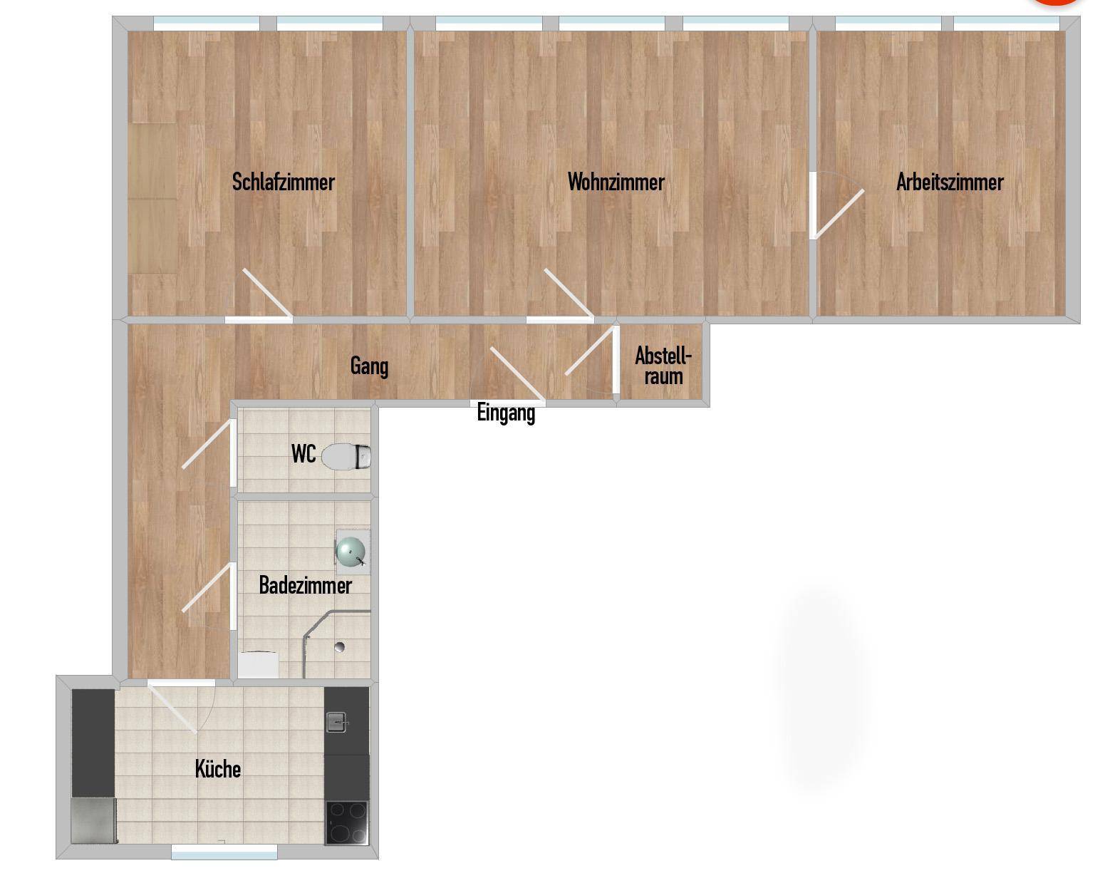 Grundriss mit Schlafzimmer, Wohnzimmer, Arbeitszimmer, Küche und Bad.