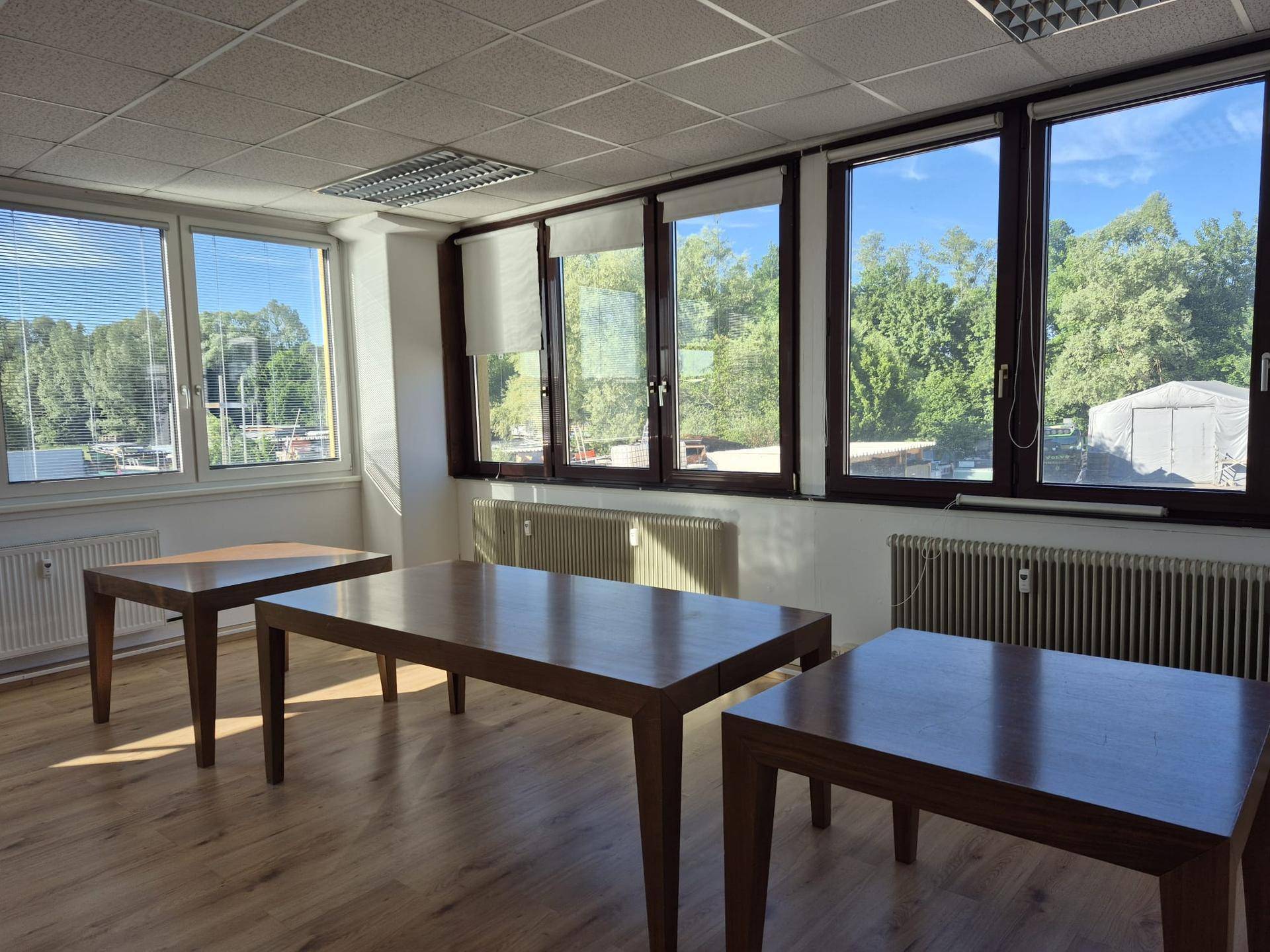 Heller Büroraum mit Holztischen, Laminatboden und weitem Blick ins Grüne durch die Fenster.