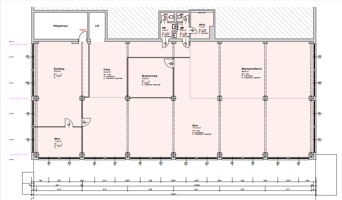 Detaillierter Grundriss einer Büroetage mit Empfang, Gang, Besprechungsraum und mehreren Büros.