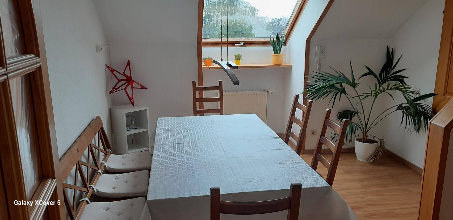 Gemütlicher Essbereich mit großem Tisch, Holzstühlen und Dachfenster, hell und einladend.