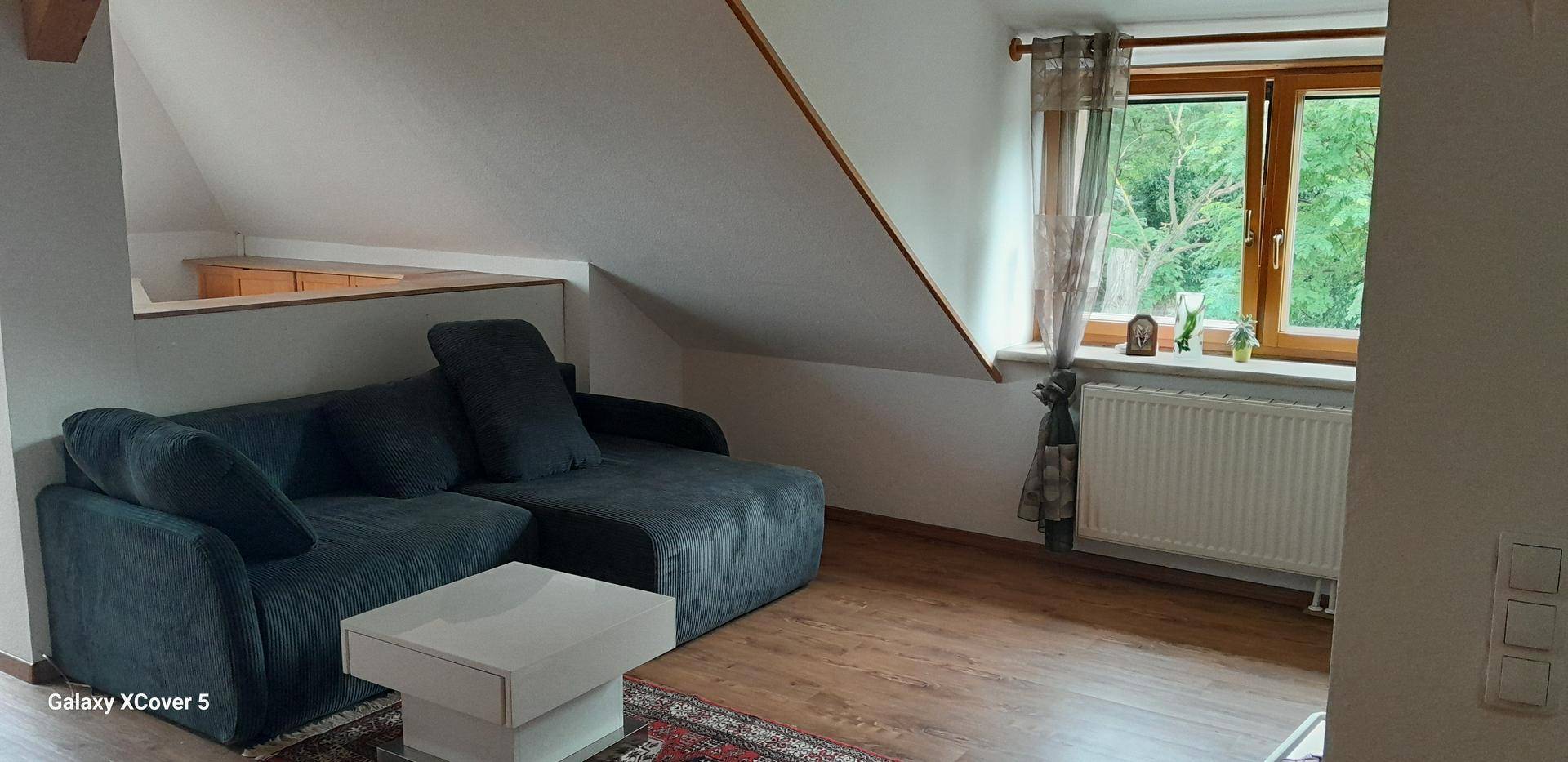 Gemütliches Wohnzimmer mit dunkelgrauem Sofa, Holzboden und Fenster mit Blick ins Grüne.