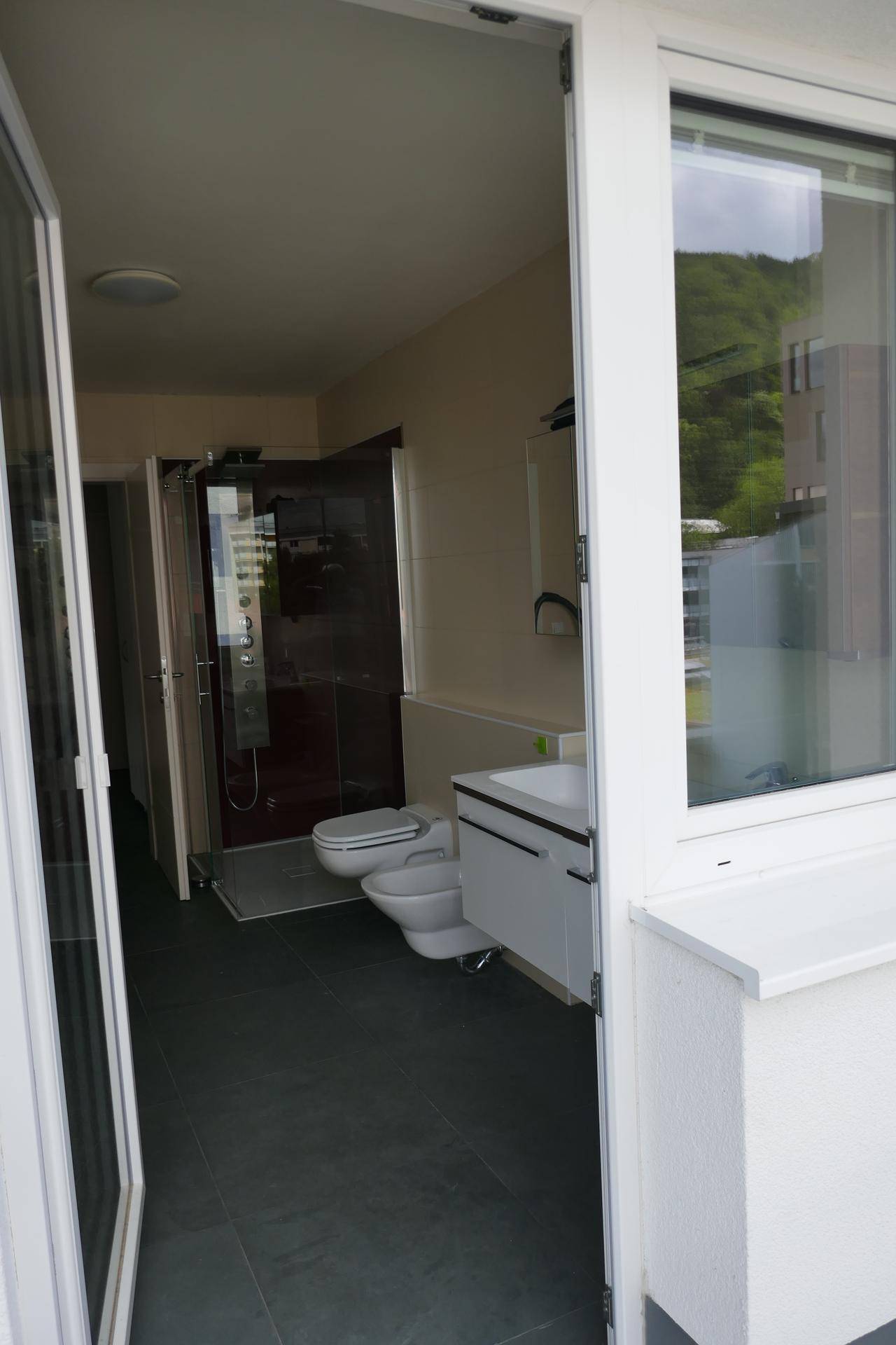 Modernes Badezimmer mit Dusche, WC und Bidet, durch eine Glastür vom Flur zugänglich.