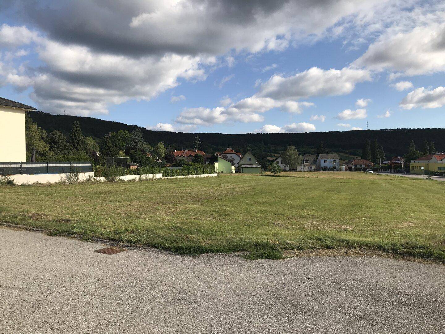 Offenes Wiesengrundstück mit Blick auf die umliegende Wohnbebauung und bewaldete Hügelkette.