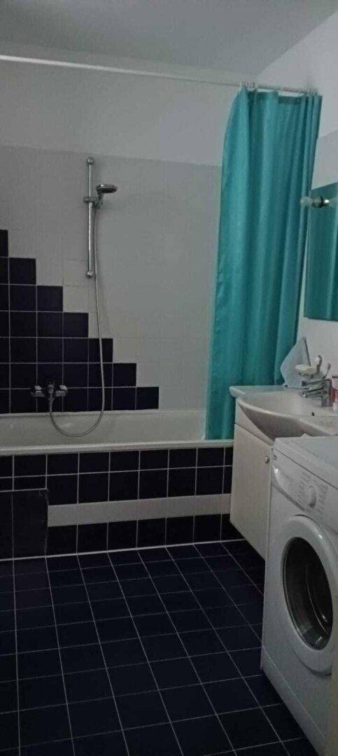 Badezimmer mit Badewanne, Duschvorhang und Waschmaschine, in dunklen Fliesen gehalten.