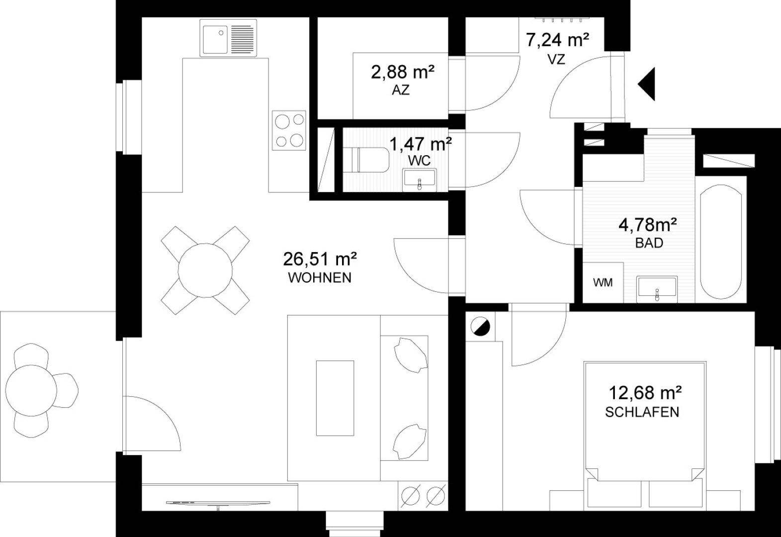 Grundriss der Wohnung mit Wohnbereich, Schlafzimmer, Bad und separatem WC.