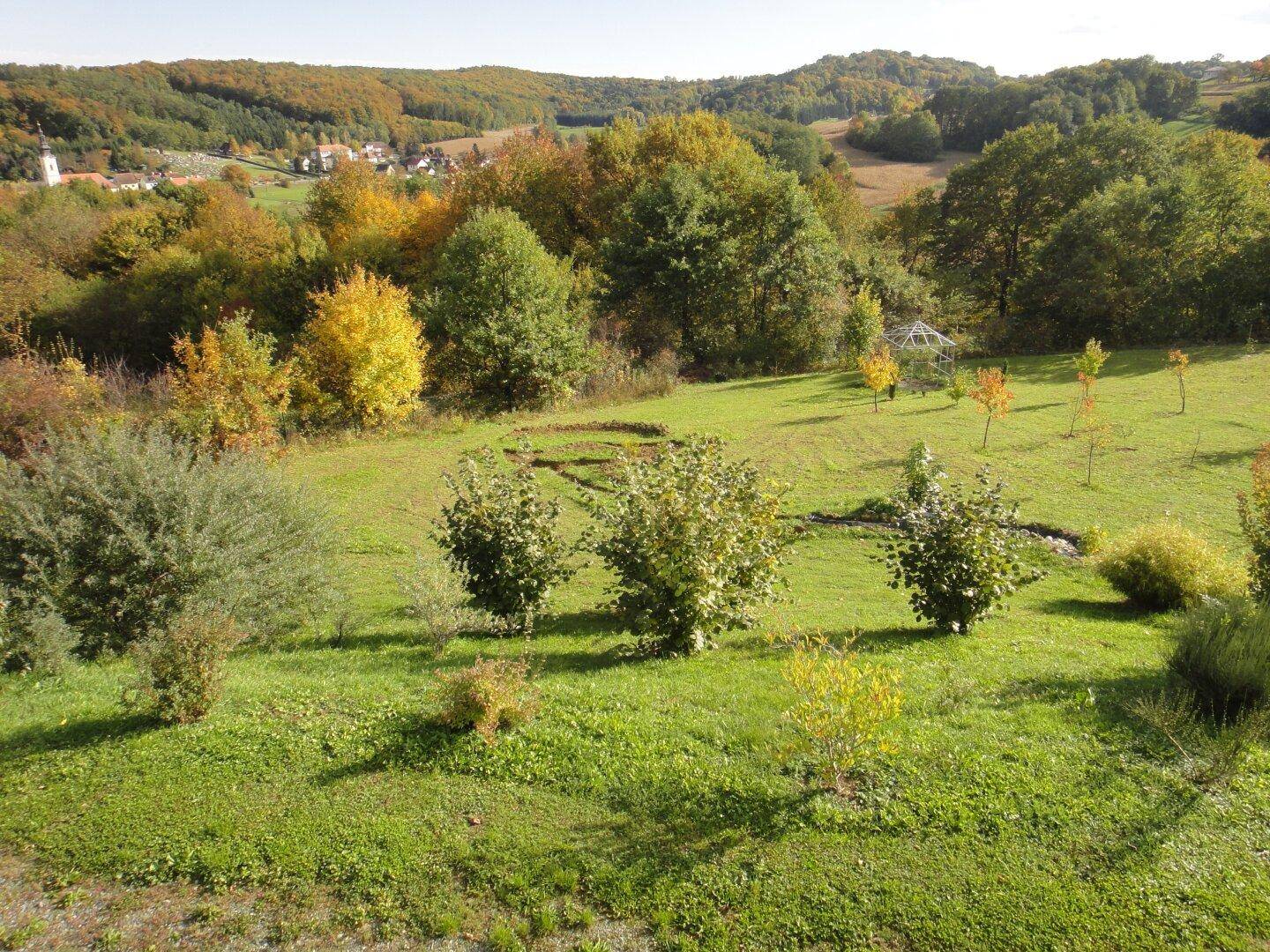 Weitläufiger Gartenbereich mit jungen Bäumen und Blick auf die umliegende Hügellandschaft im Herbst.