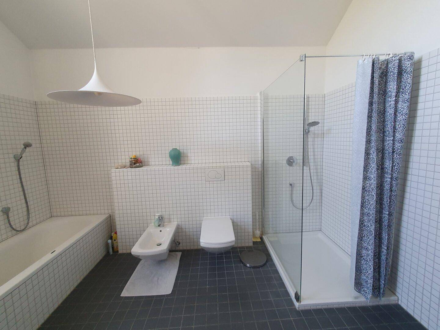 Modernes Badezimmer mit Badewanne, Bidet, WC und einer geräumigen begehbaren Dusche.