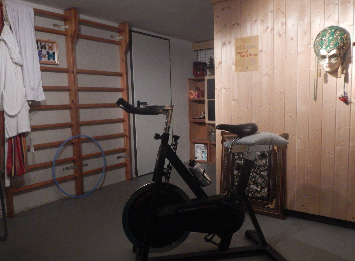 Fitnessraum mit Sprossenwand, Heimtrainer und Holzverkleidung an einer Wand.