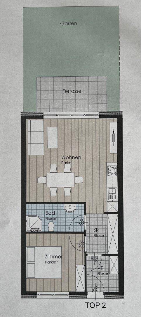 Grundriss einer Wohnung mit offenem Wohnbereich, Schlafzimmer, Bad, Terrasse und Garten.