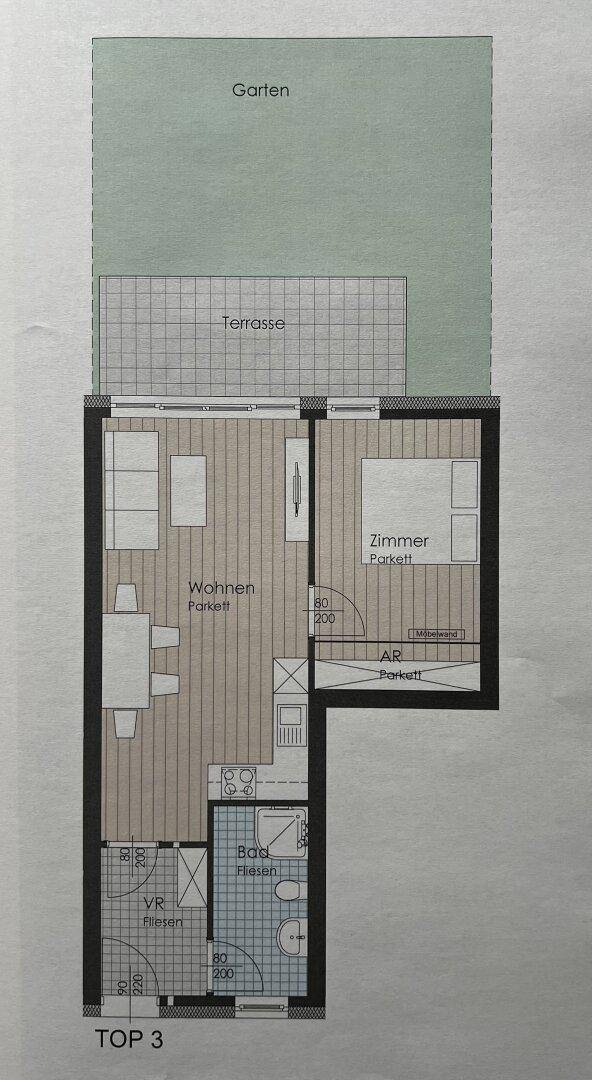Grundriss einer Wohnung mit Terrasse, Gartenanteil, offenem Wohnbereich und einem Schlafzimmer.