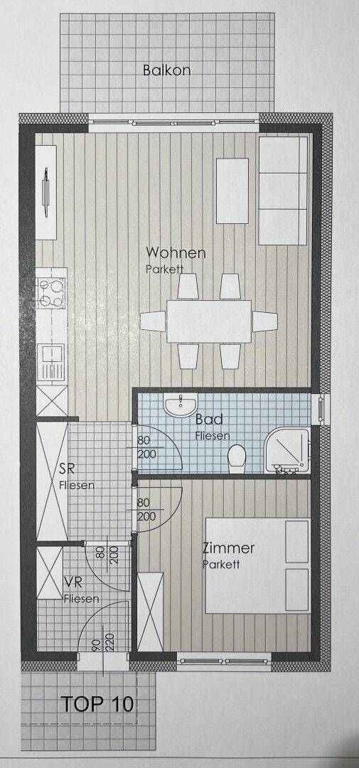 Grundriss einer Wohnung mit offenem Wohnbereich, Schlafzimmer, Bad und Balkon.