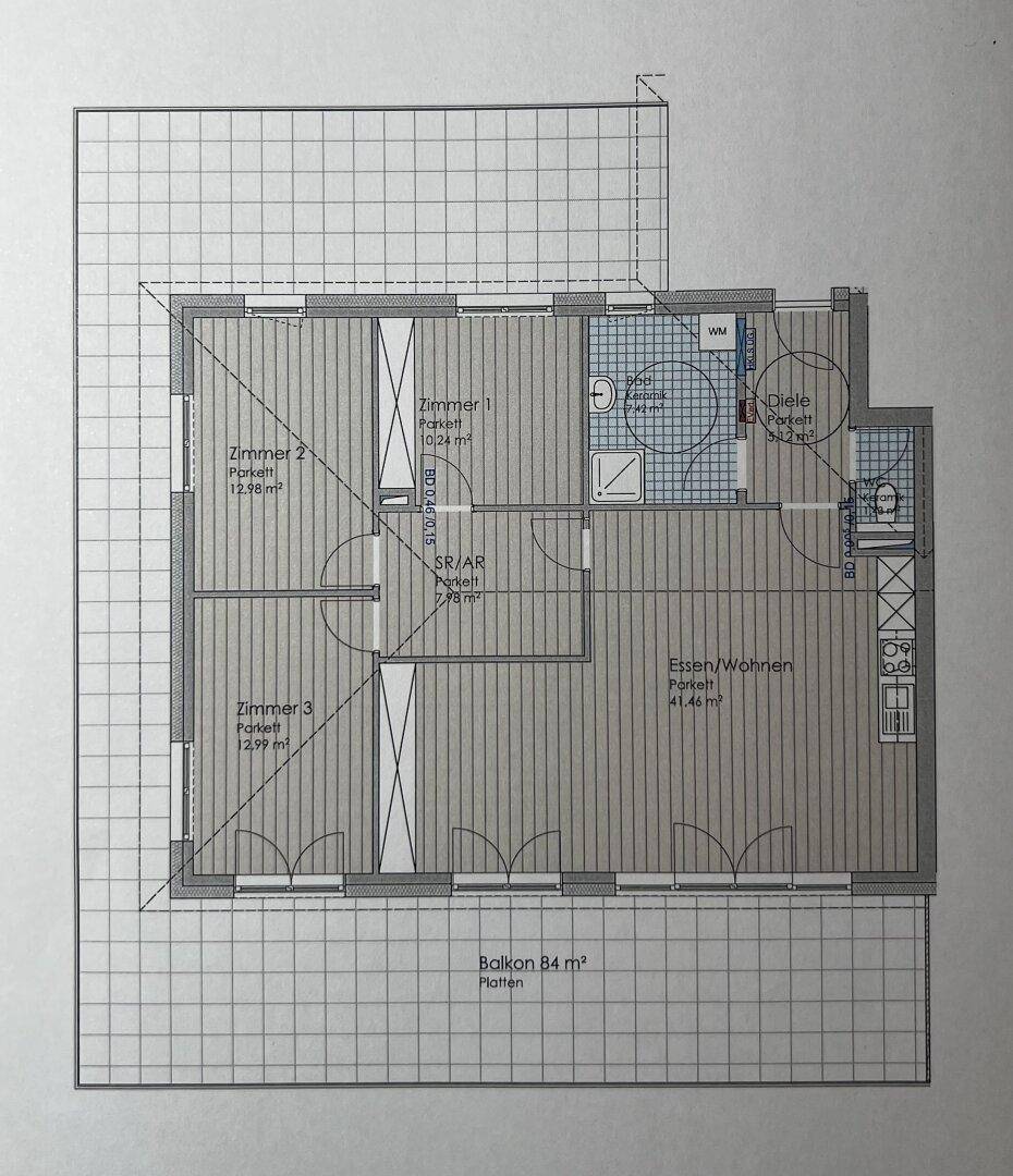 Grundriss einer Wohnung mit drei Zimmern, offenem Wohn-Essbereich und großem Balkon.
