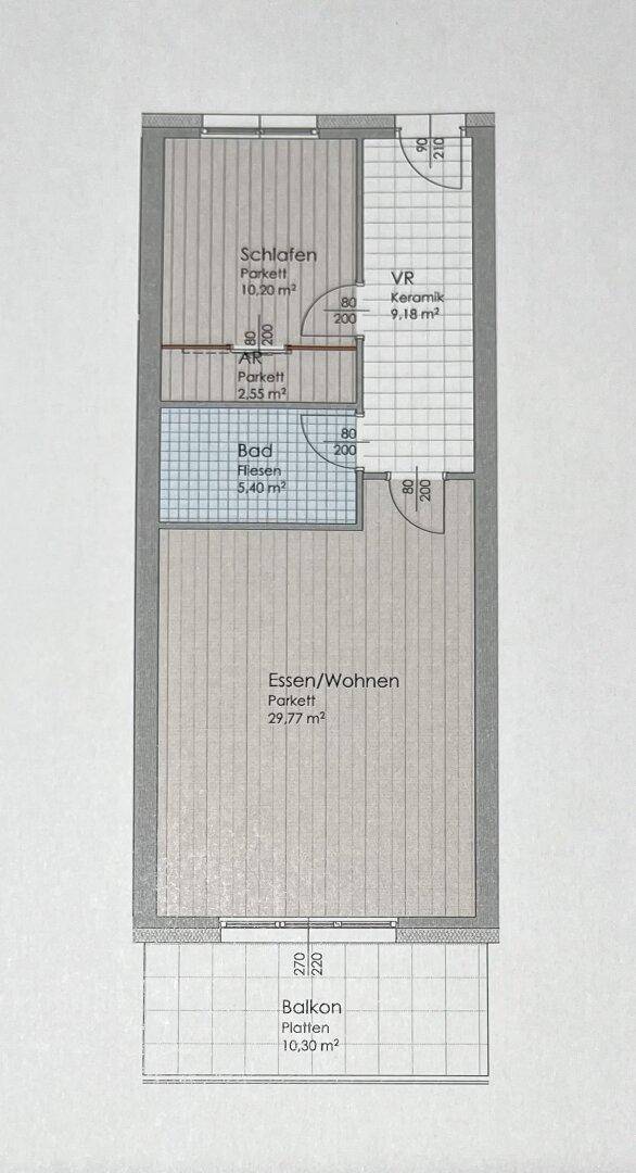 Grundriss einer Wohnung mit offenem Wohn-Essbereich, Schlafzimmer, Bad und Balkon.
