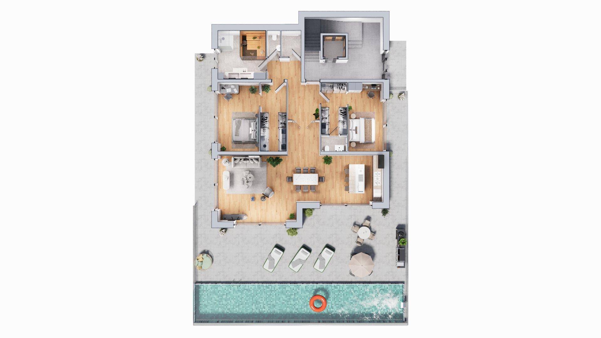 Grundriss mit offenem Wohnbereich, drei Schlafzimmern, zwei Bädern und großem Außenbereich mit Pool und Terrasse.